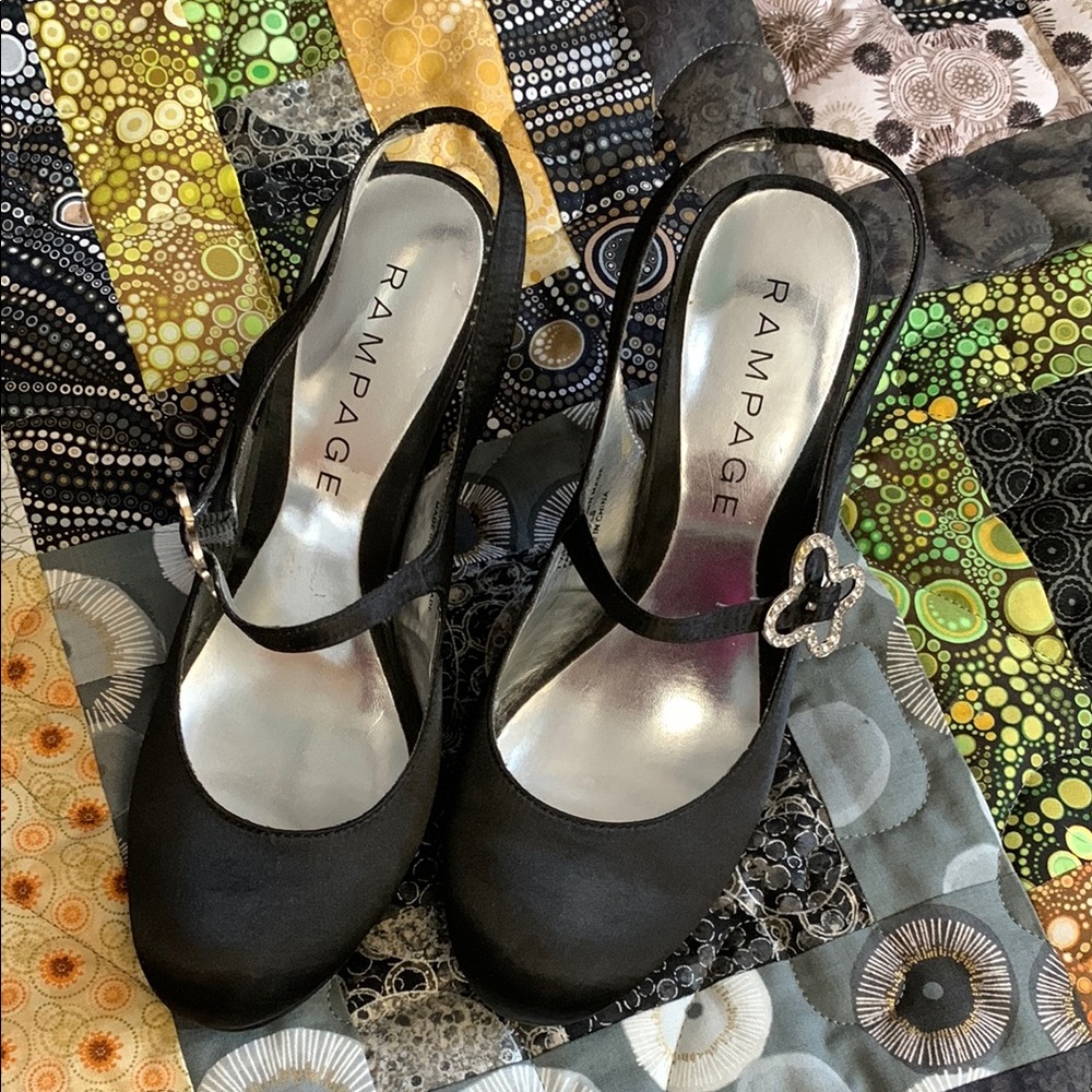 Rampage Black Satin Heels With Butterfly Rhinestone Buckle. EUC. Sz 7 1/2 M